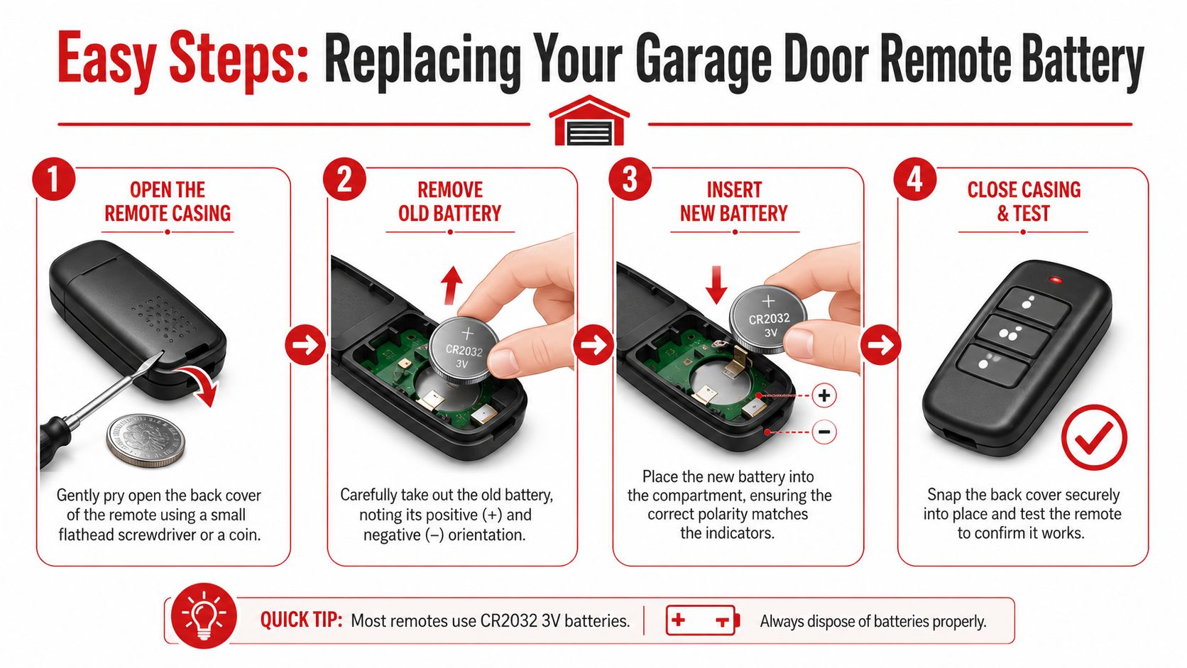 An infographic showing four simple steps for replacing a battery in a garage door remote control.