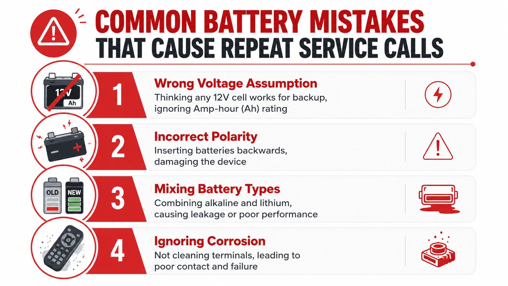 An infographic showing four common battery installation mistakes that lead to repeated garage door opener service calls.