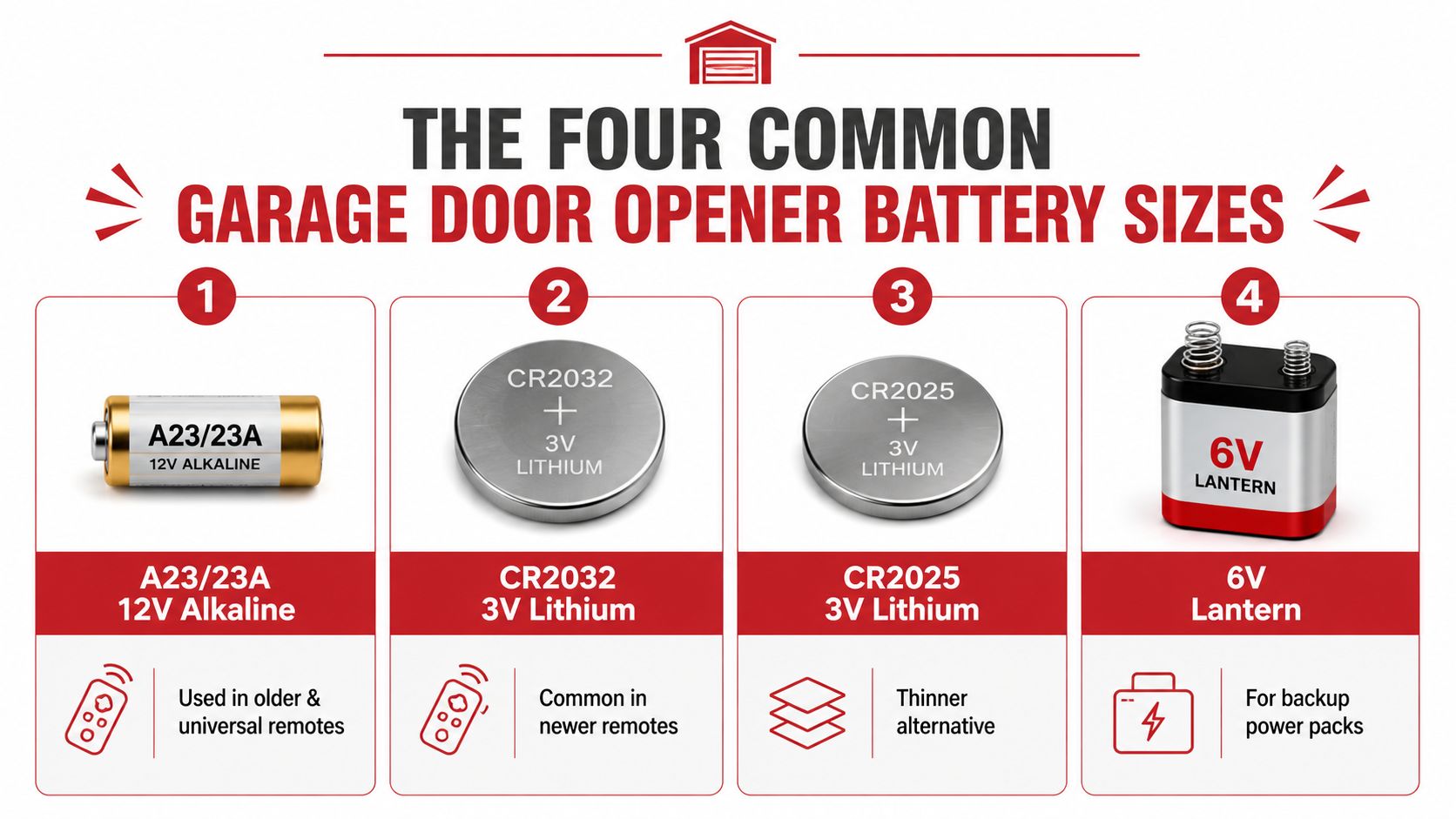 An infographic showing the four most common battery sizes used in garage door opener remotes and systems.