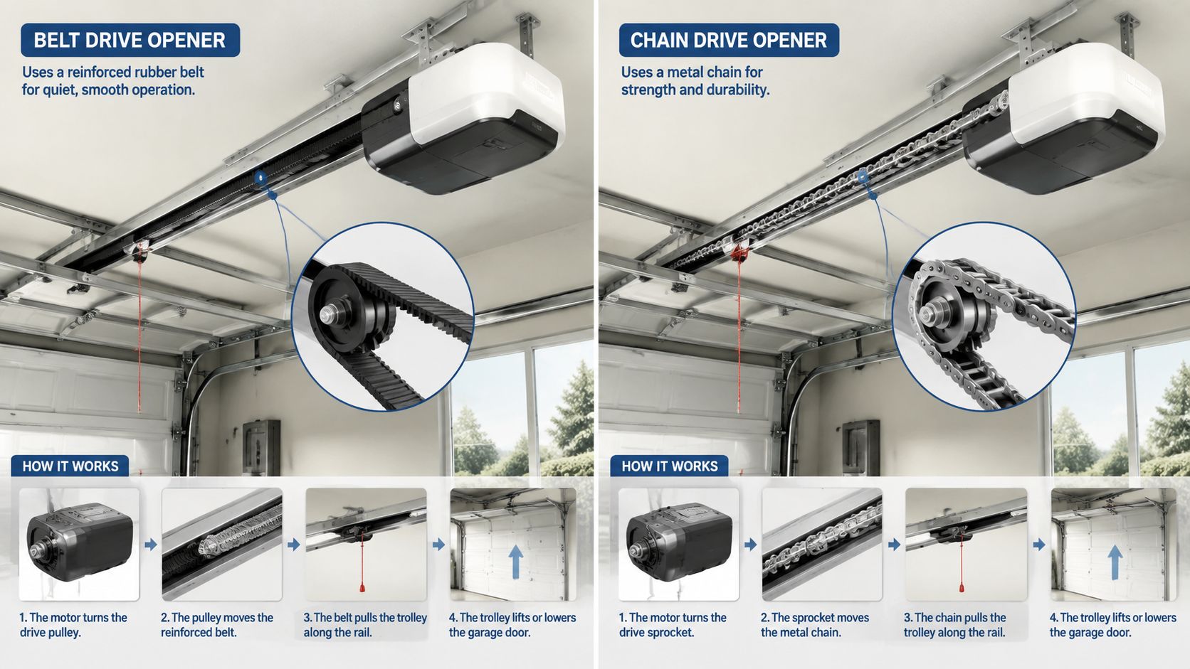 A comparison infographic showing the mechanical differences between a belt drive and a chain drive garage door opener.