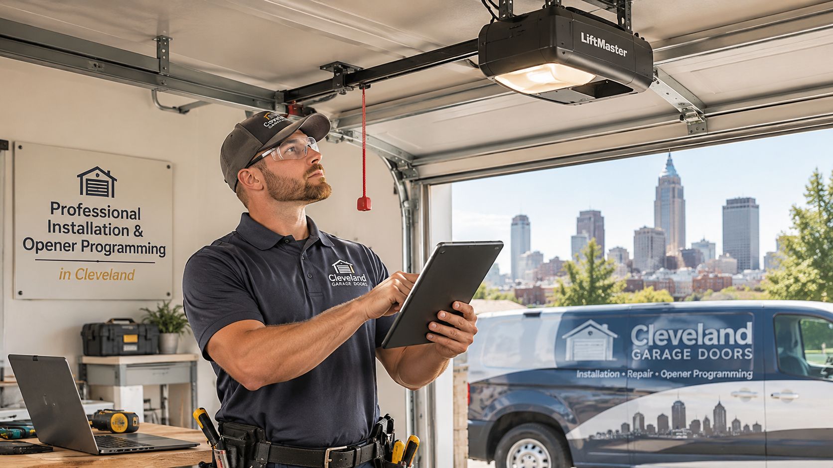A professional technician using a tablet to program a modern LiftMaster garage door opener in a garage.