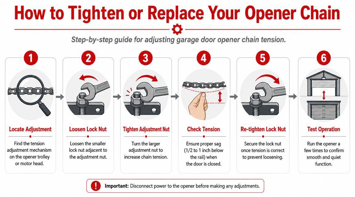 A six-step instructional infographic showing how to properly adjust and tighten a garage door opener chain.