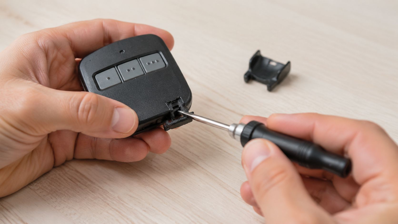 A person uses a small flathead screwdriver to remove a plastic clip from a garage door remote.