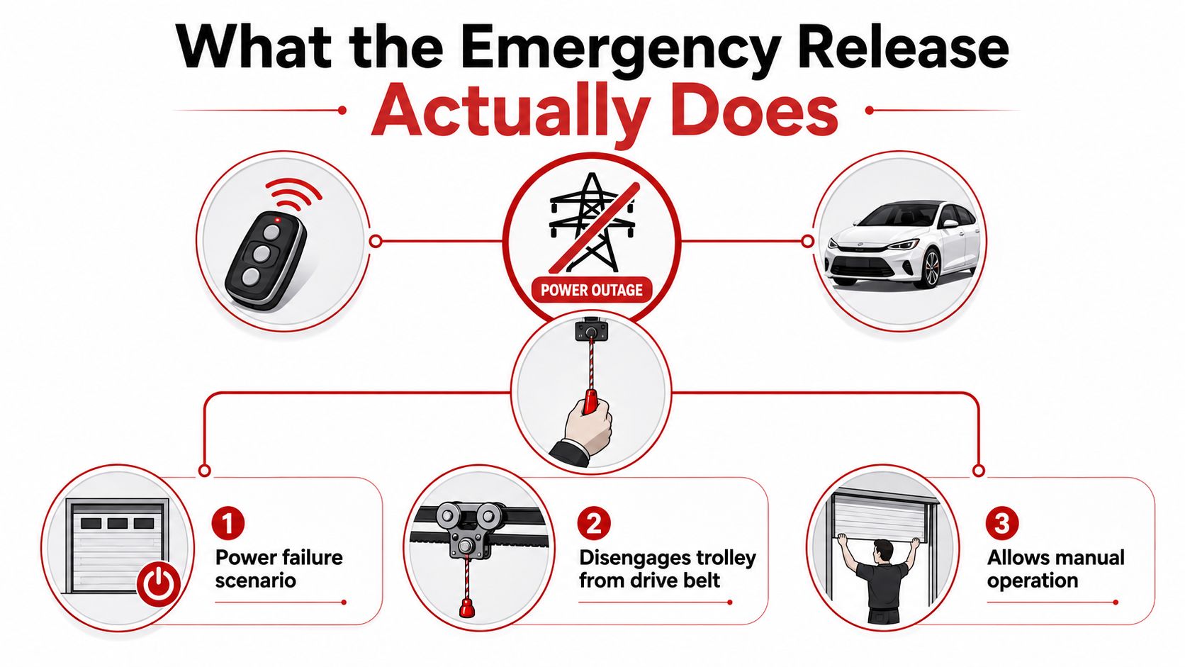 A diagram explaining how a garage door opener emergency release cord works during a power outage.