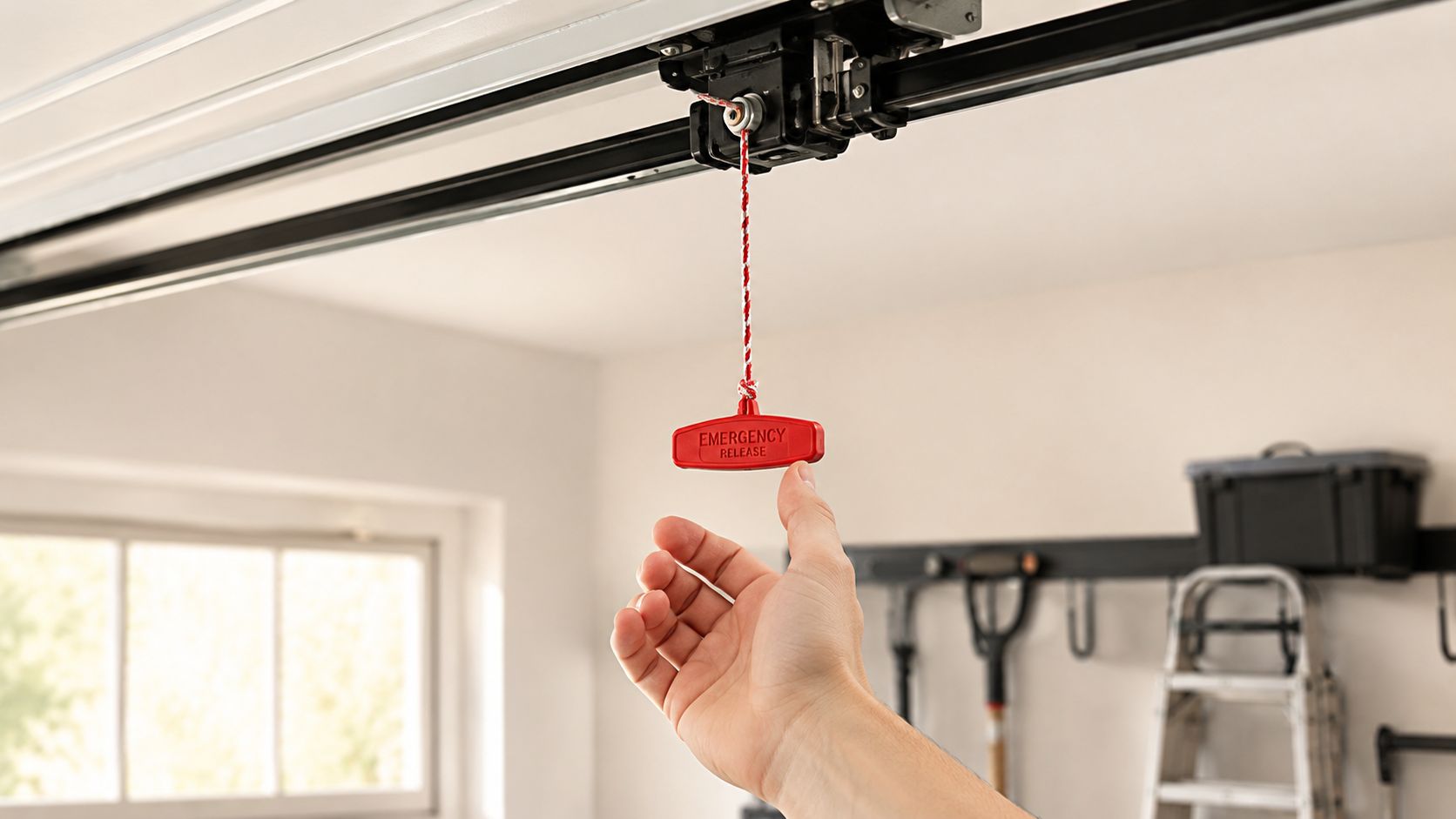 A hand reaching to pull the red emergency release handle of a garage door opener system.