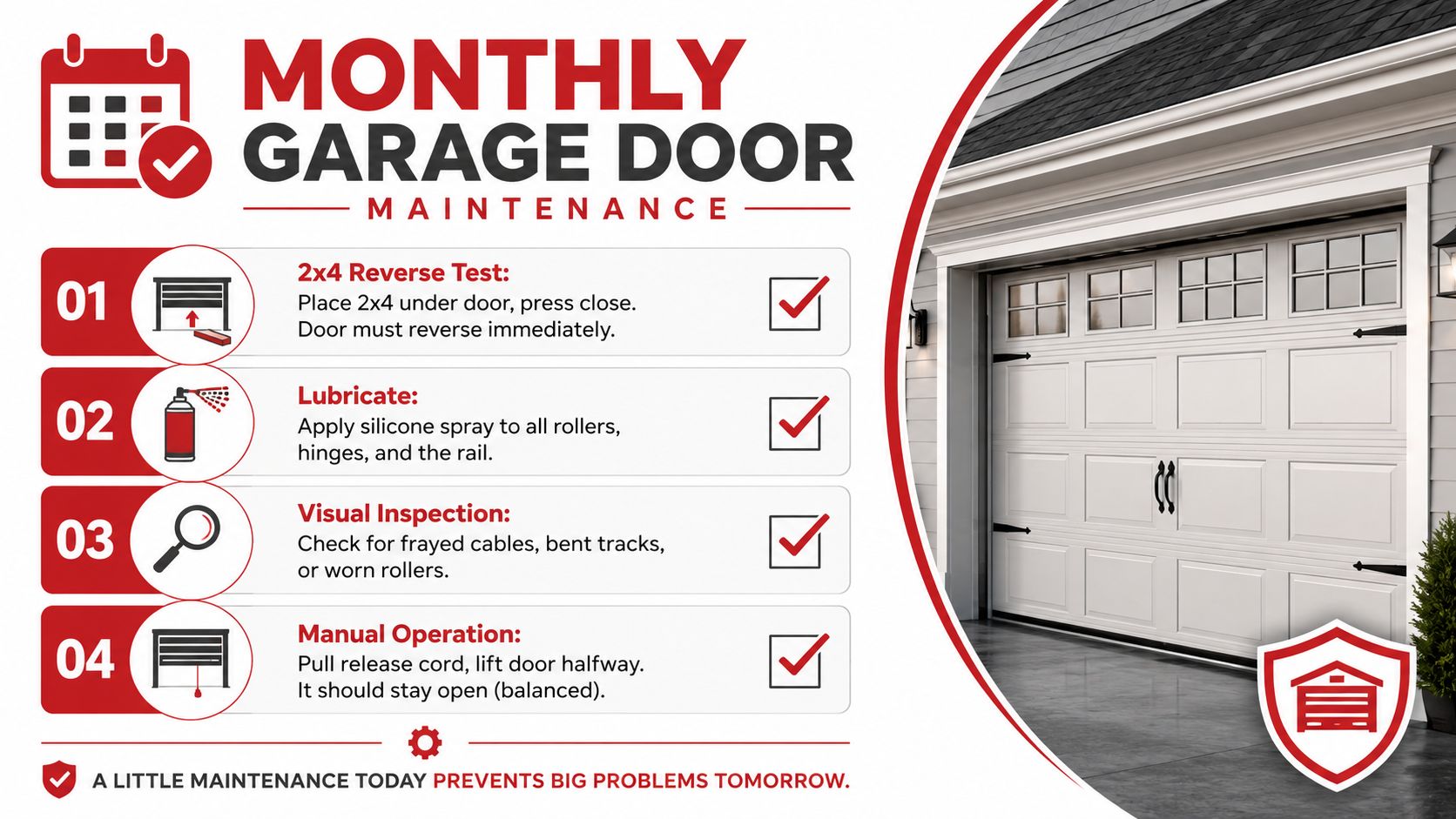 A monthly garage door maintenance checklist infographic illustrating four essential safety and inspection tasks for homeowners.