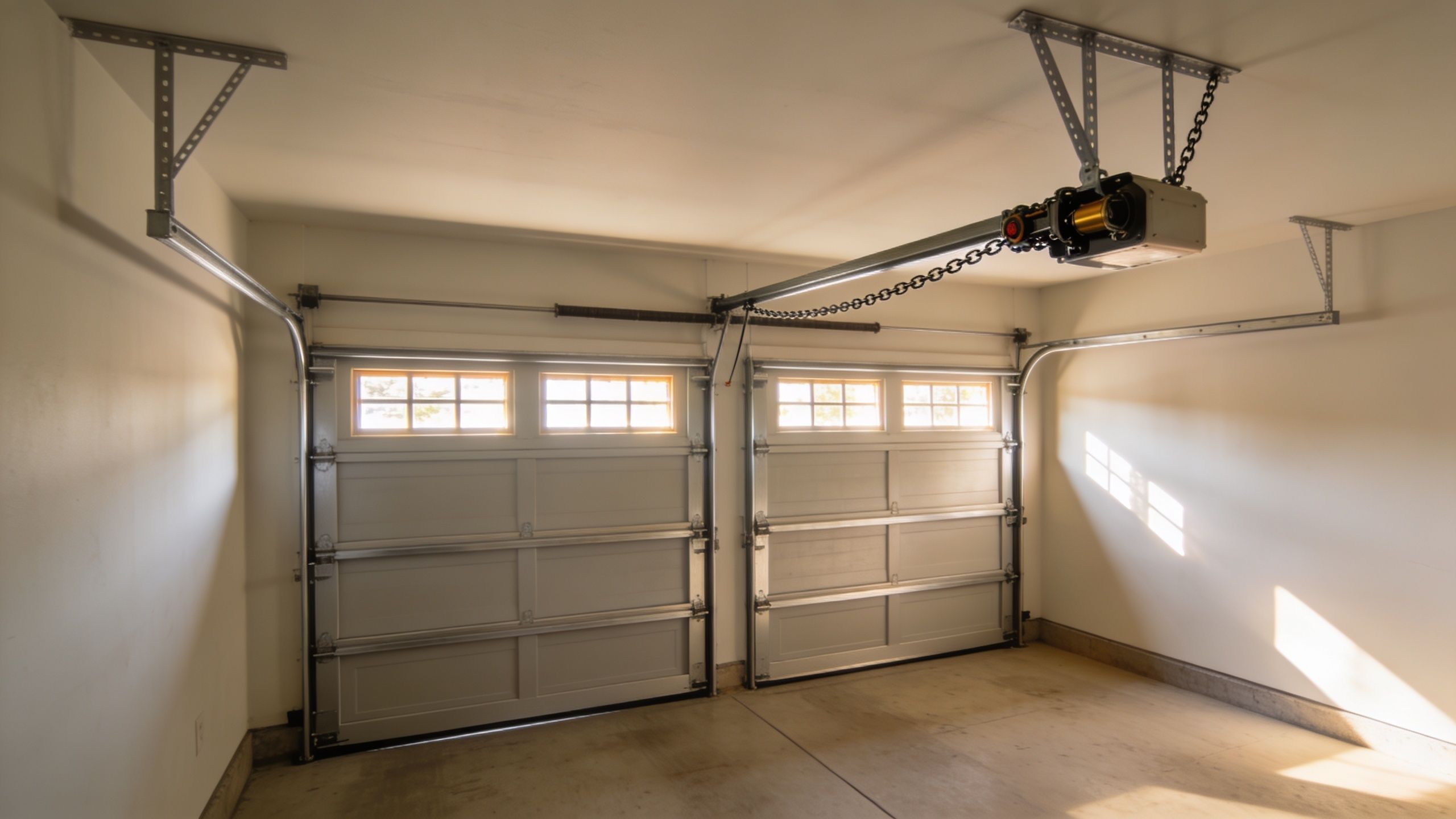 A modern garage interior featuring a motorized garage door opener mounted to the ceiling above two doors.