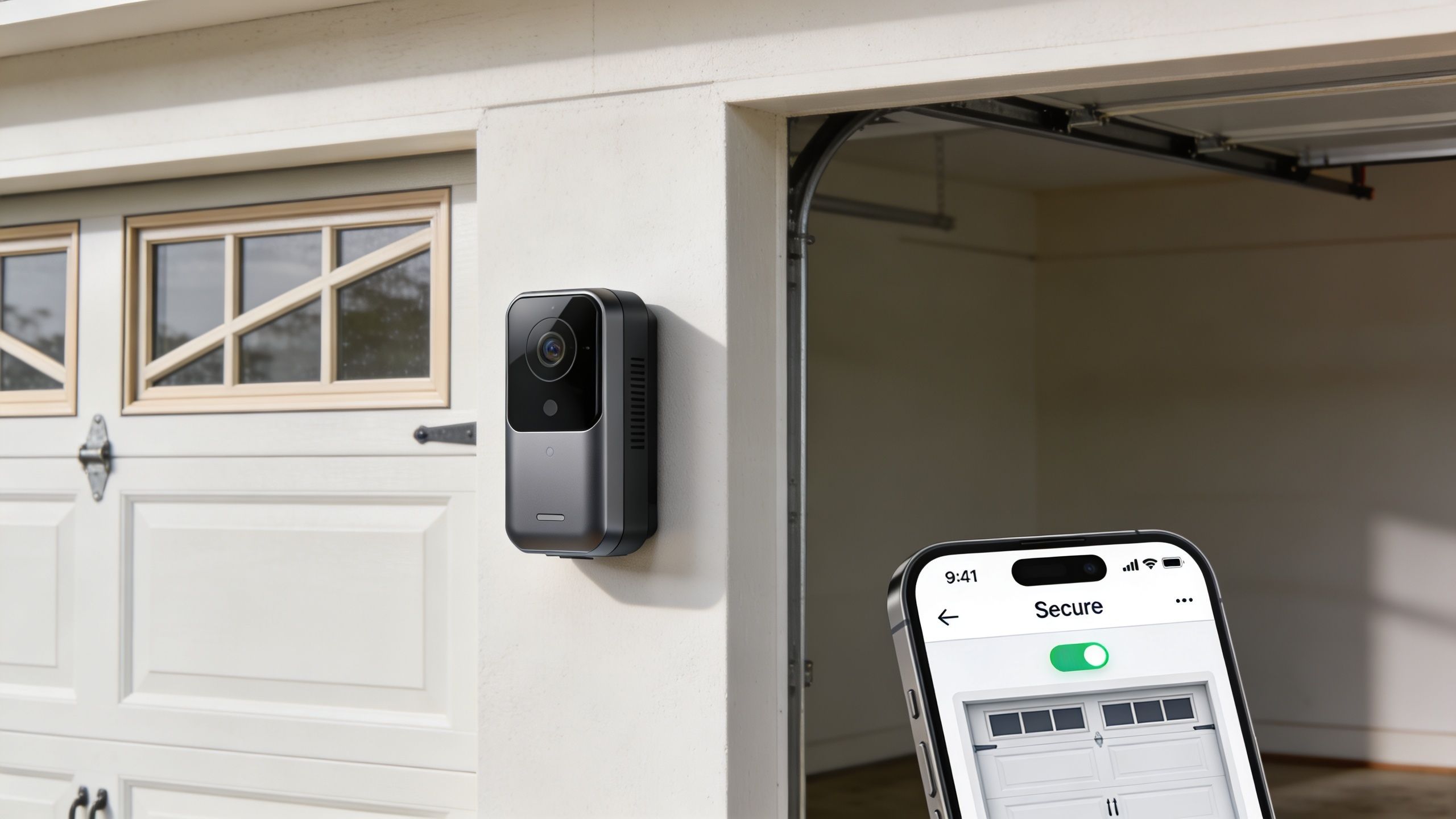 A modern smart garage door camera mounted on an exterior wall next to a smartphone app interface.