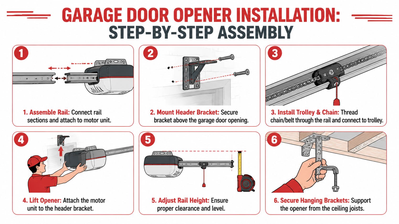 An infographic showing six sequential steps for installing a garage door opener on a ceiling.