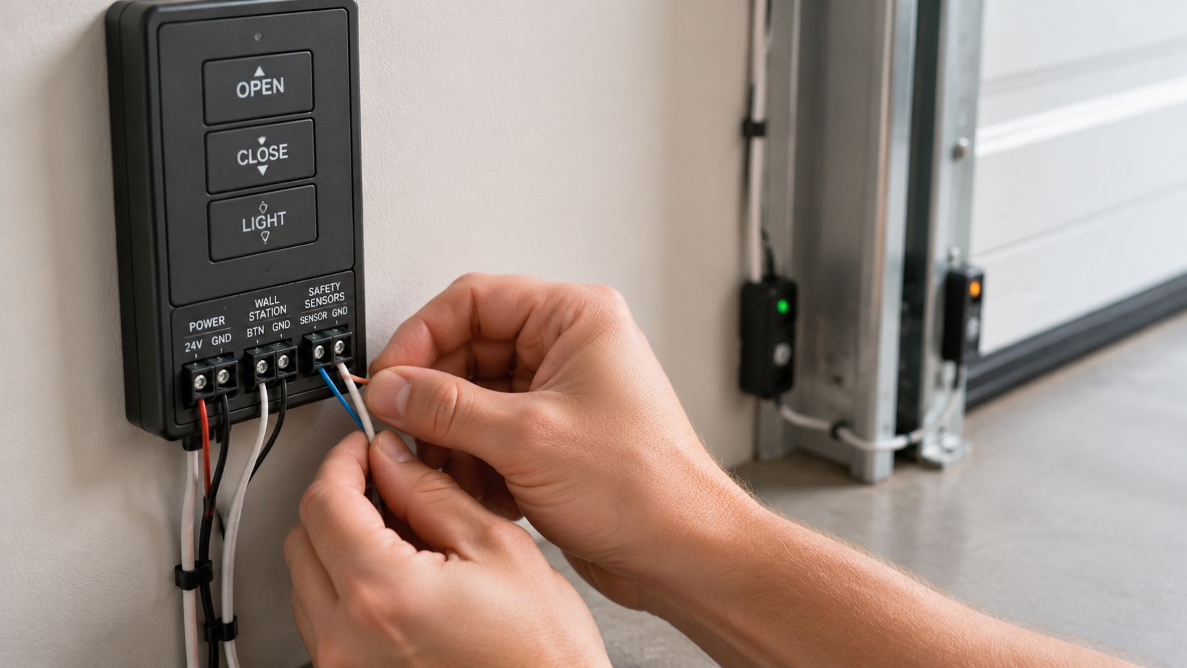 A person installs garage door sensor wiring into the wall-mounted control panel inside a garage.