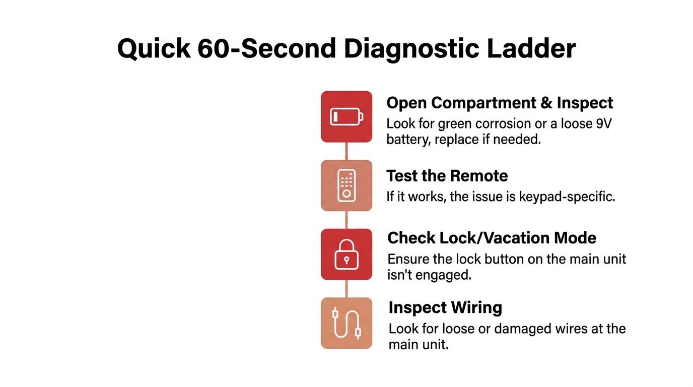 A diagnostic ladder graphic with four steps to troubleshoot a garage door opener keypad that is not working.
