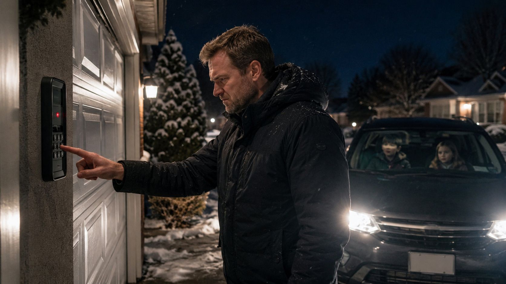 A concerned man types a code into a garage door opener keypad on a snowy night.