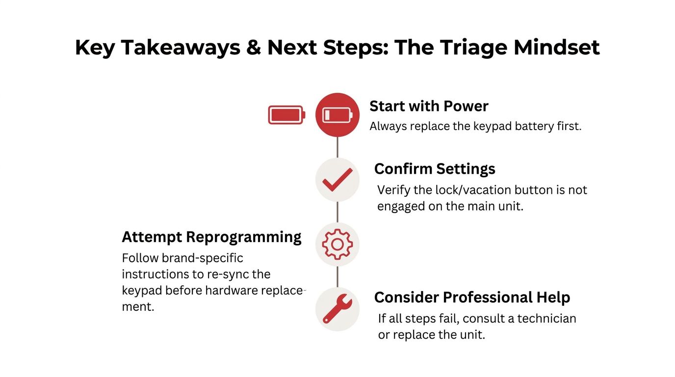 A troubleshooting infographic titled Key Takeaways and Next Steps for a malfunctioning garage door opener keypad.