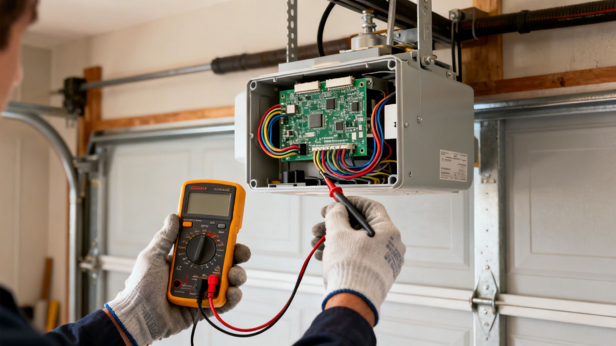 Close-up of a technician testing a garage door opener circuit board with a multimeter.