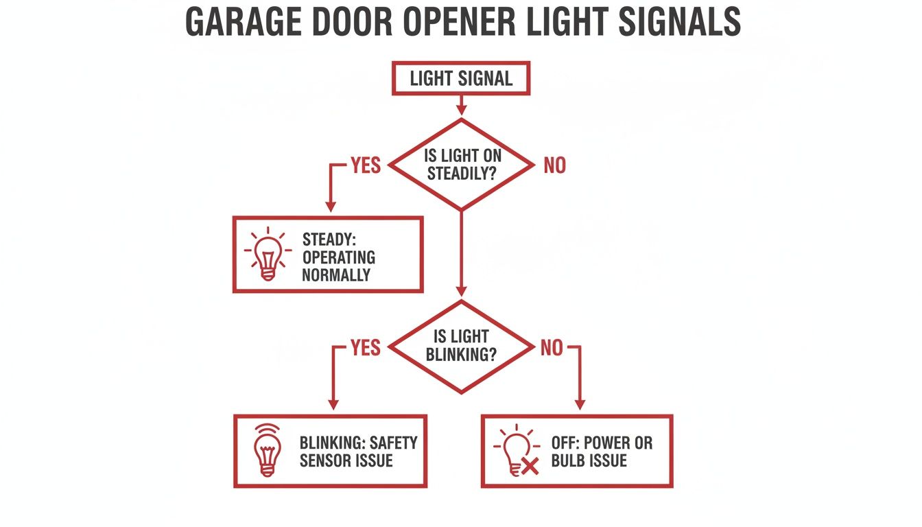 Flowchart explaining garage door opener light signals for steady, blinking, and off states.