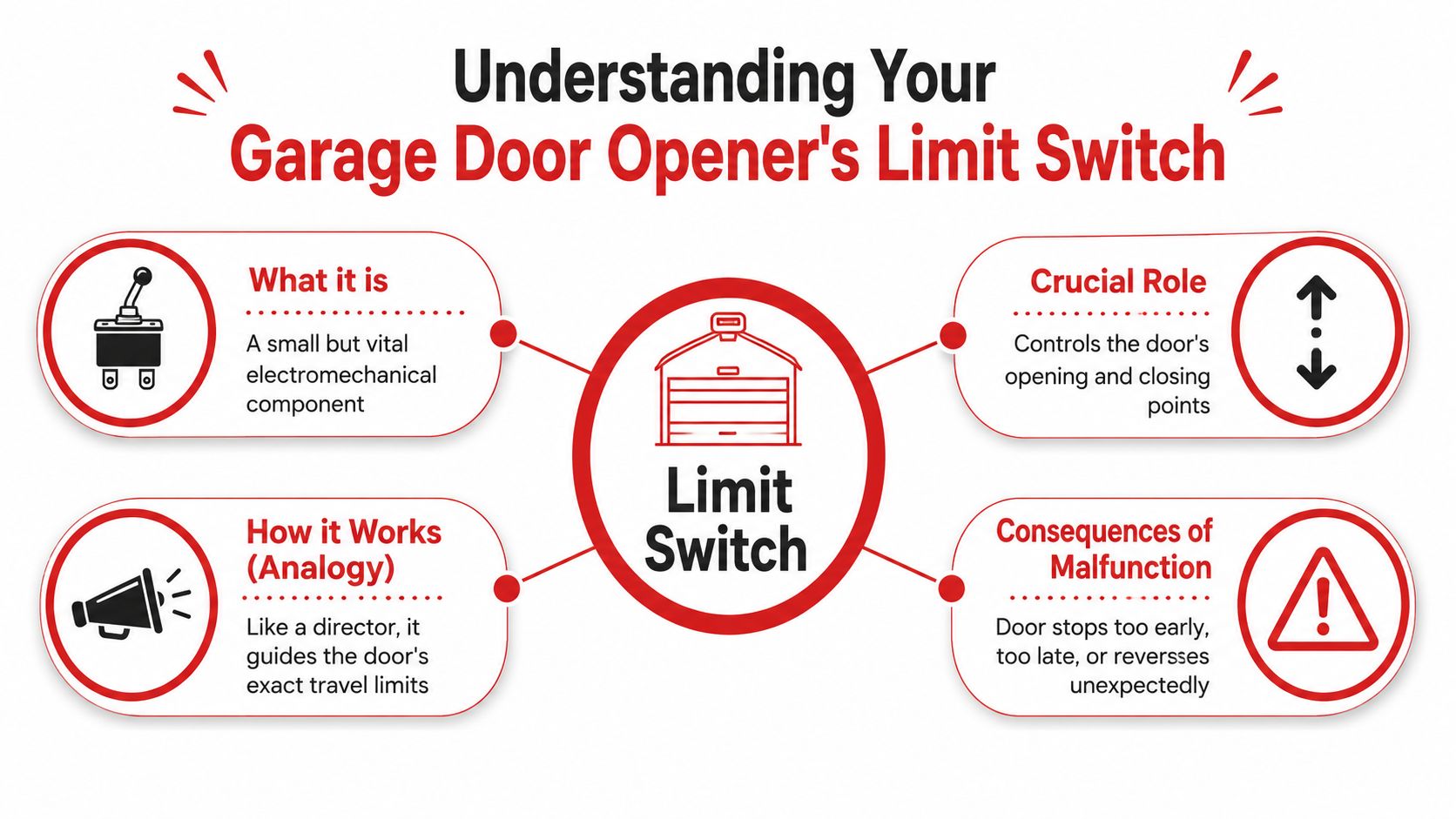 An infographic explaining the function and importance of a garage door opener limit switch component.