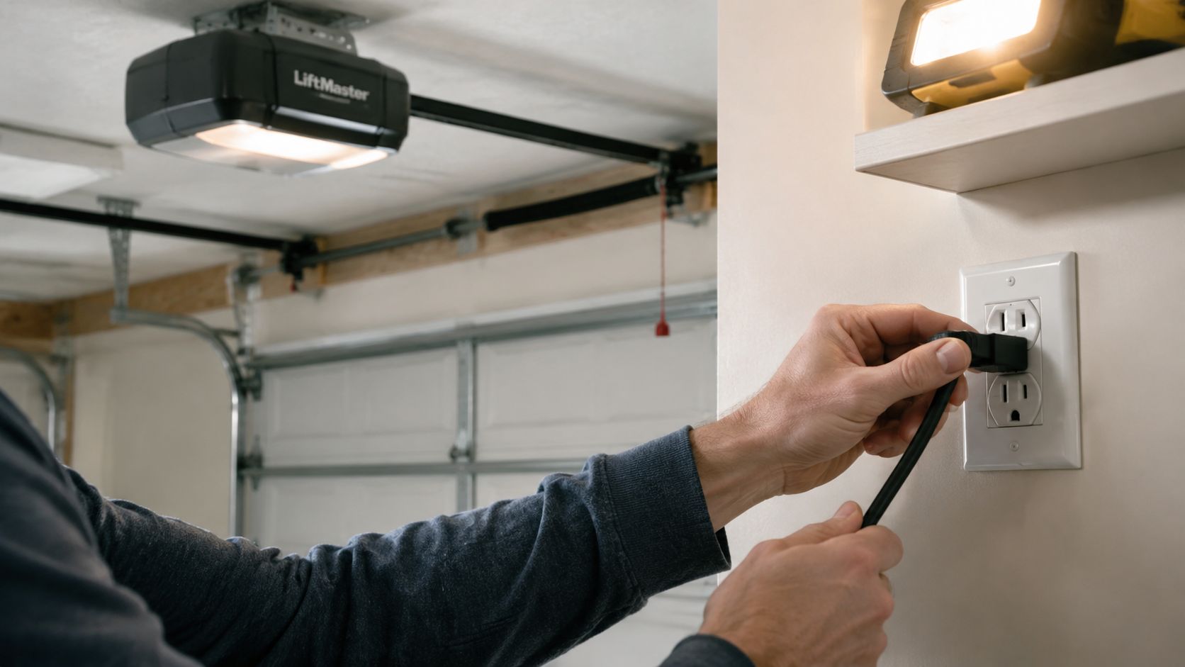 A person plugging a black power cable into a wall electrical outlet in a garage setting.