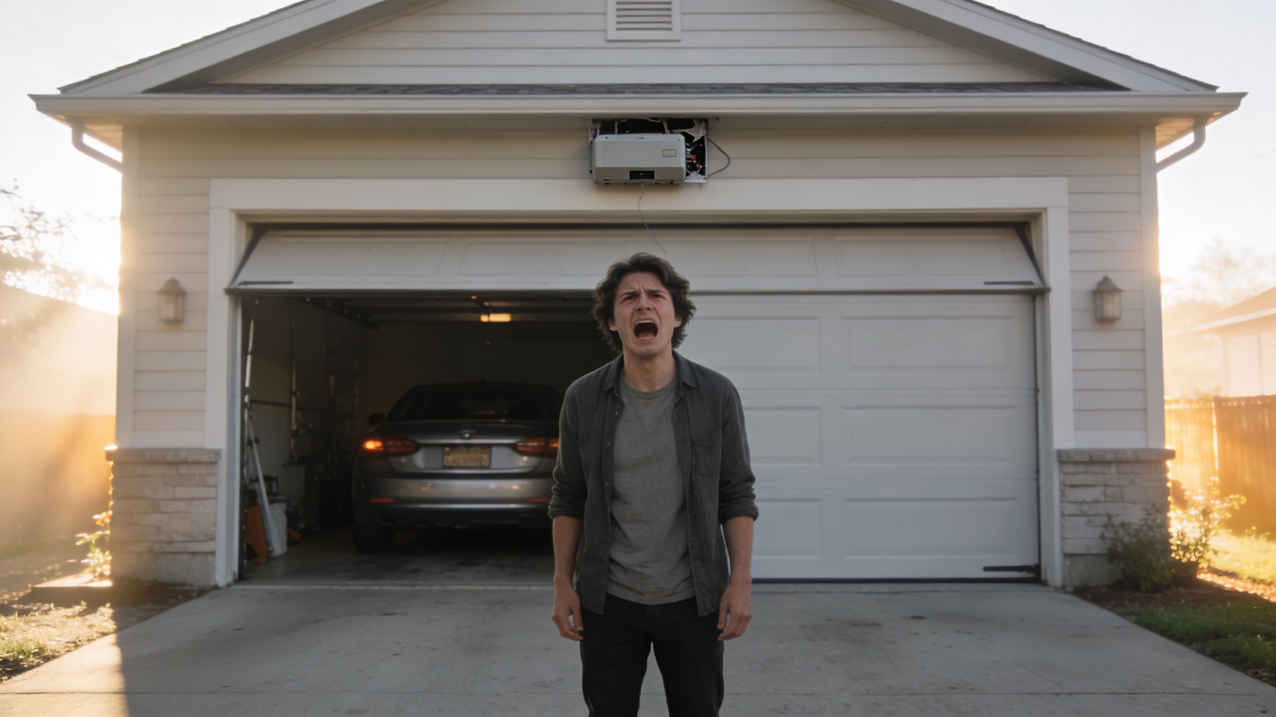 A distraught young man stands in a driveway crying in front of an open garage with an exposed motor.