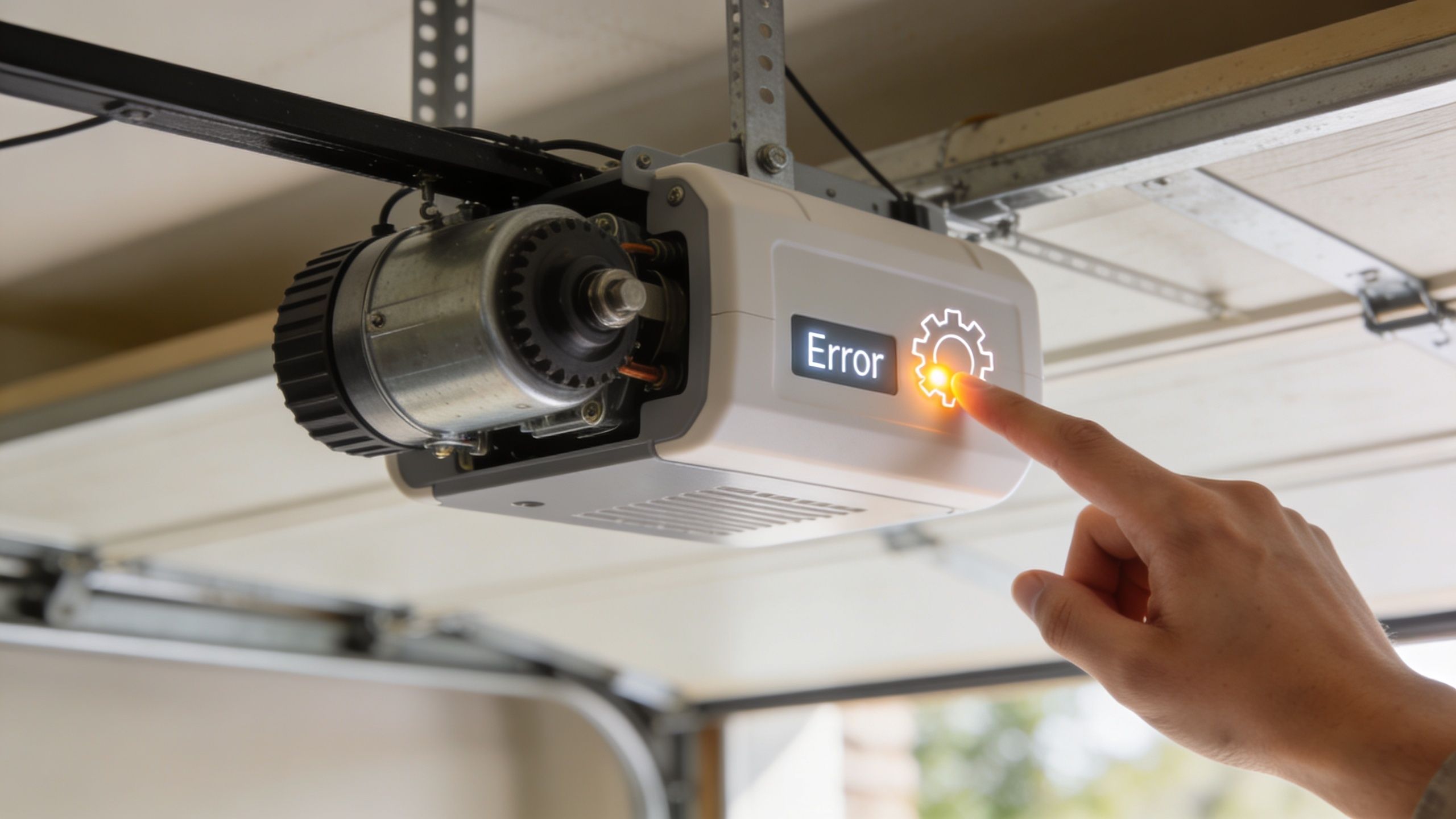A person pressing a settings button on a garage door opener motor unit displaying an error message.