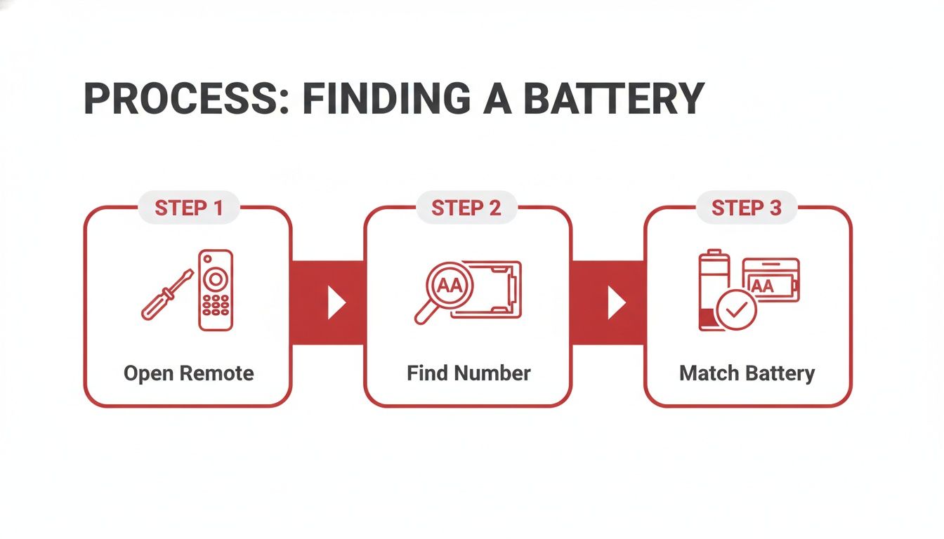 A three-step infographic showing how to find and match the correct battery for a remote.