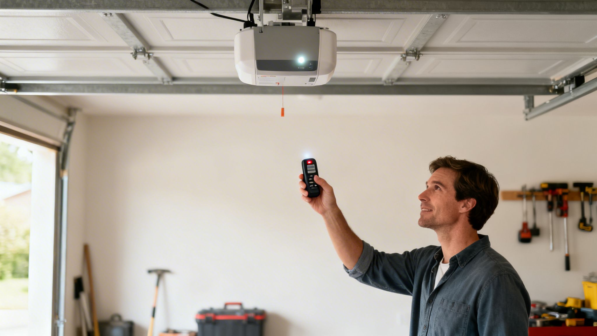 Man smiles, pointing a garage door opener remote towards a ceiling-mounted unit in a well-lit garage.