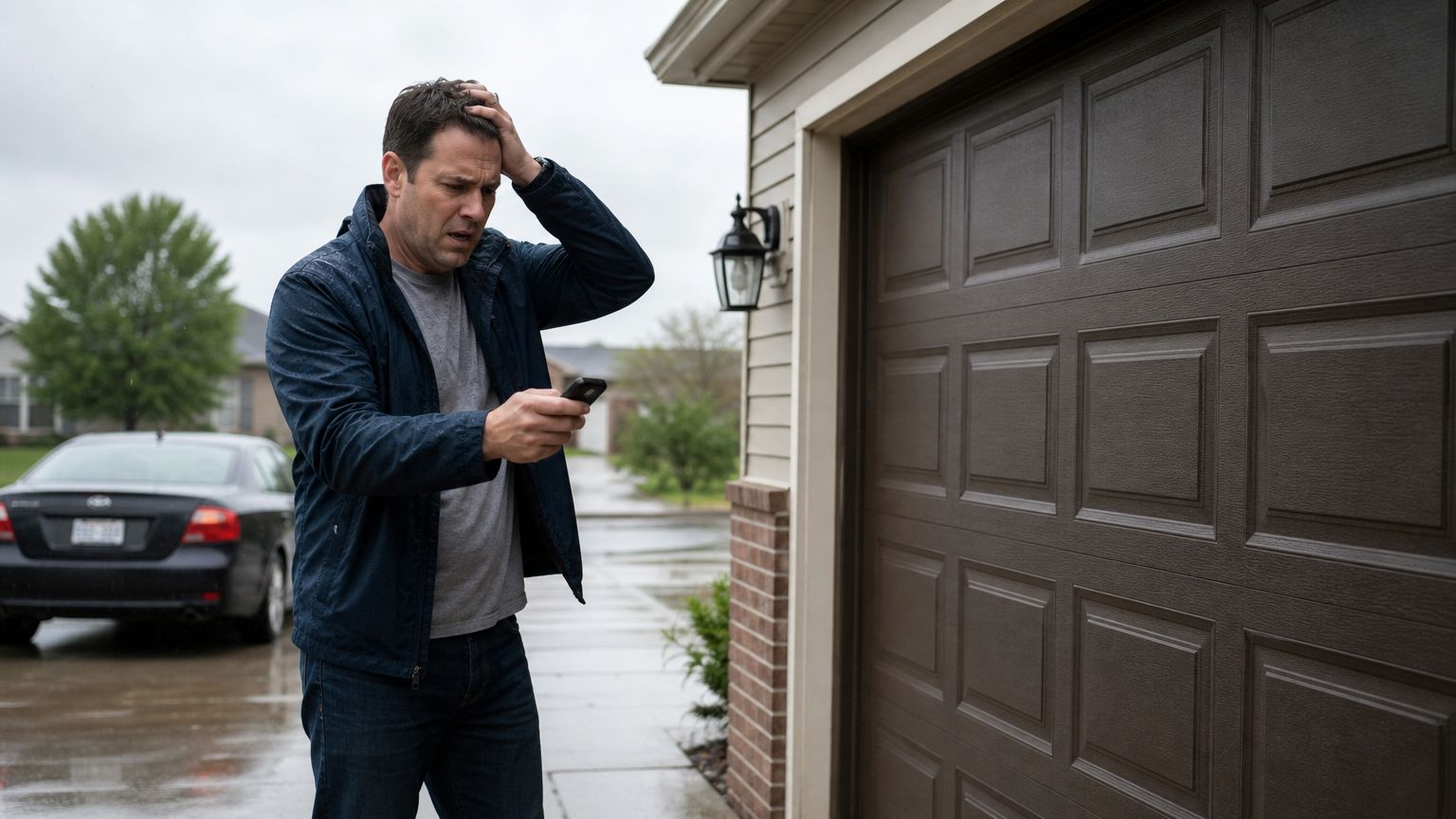 A man in a blue jacket looking stressed while holding a remote control outside his garage door.