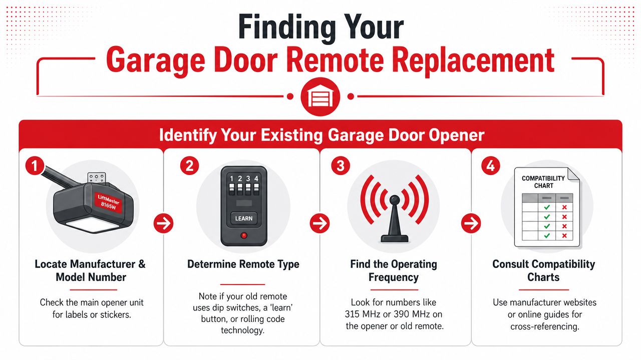 A step-by-step infographic showing how to identify the correct replacement remote for a garage door opener.