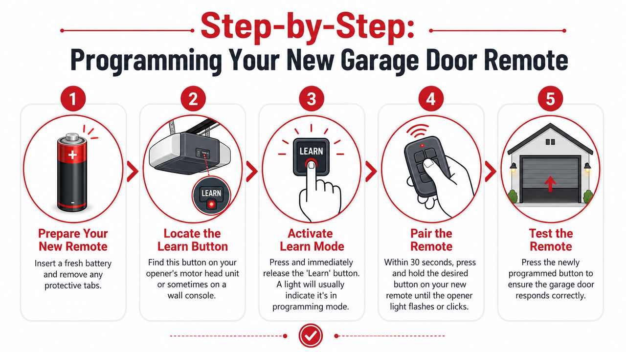 A five-step infographic showing how to program a new garage door opener remote with simple instructions.