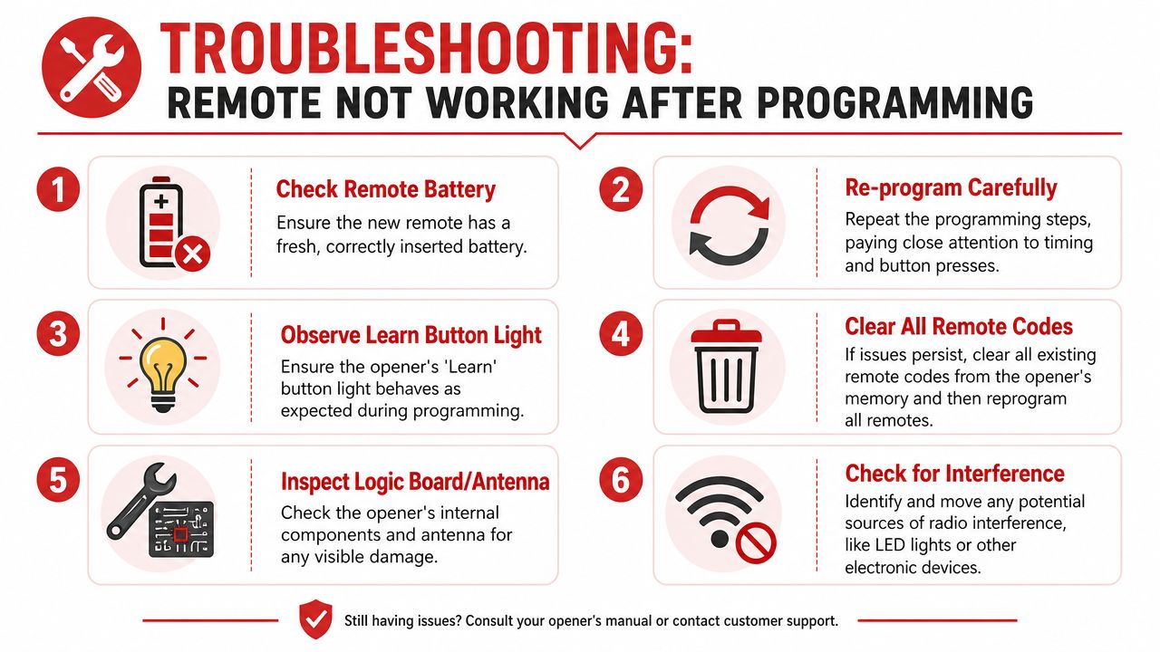 A troubleshooting guide for a garage door opener remote that is not working after programming steps.