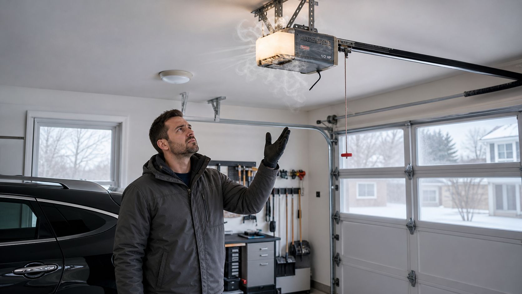 A man in a winter jacket looks up at a smoking, malfunctioning garage door opener in his garage.