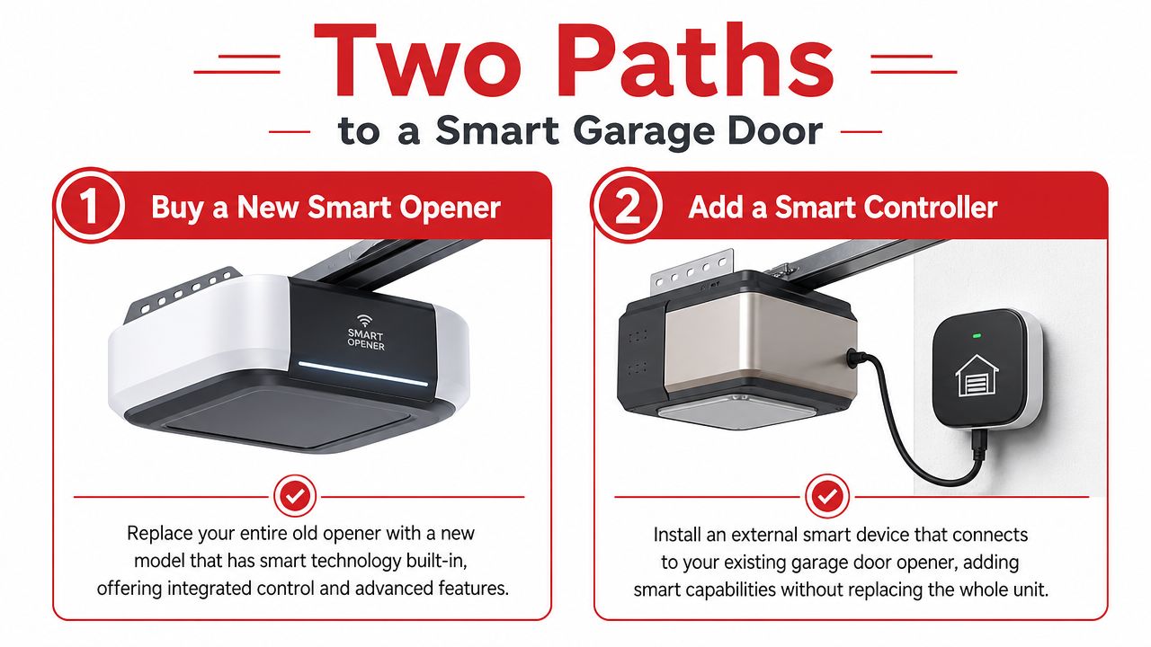 An infographic illustrating two methods for adding smart technology to an existing garage door system.