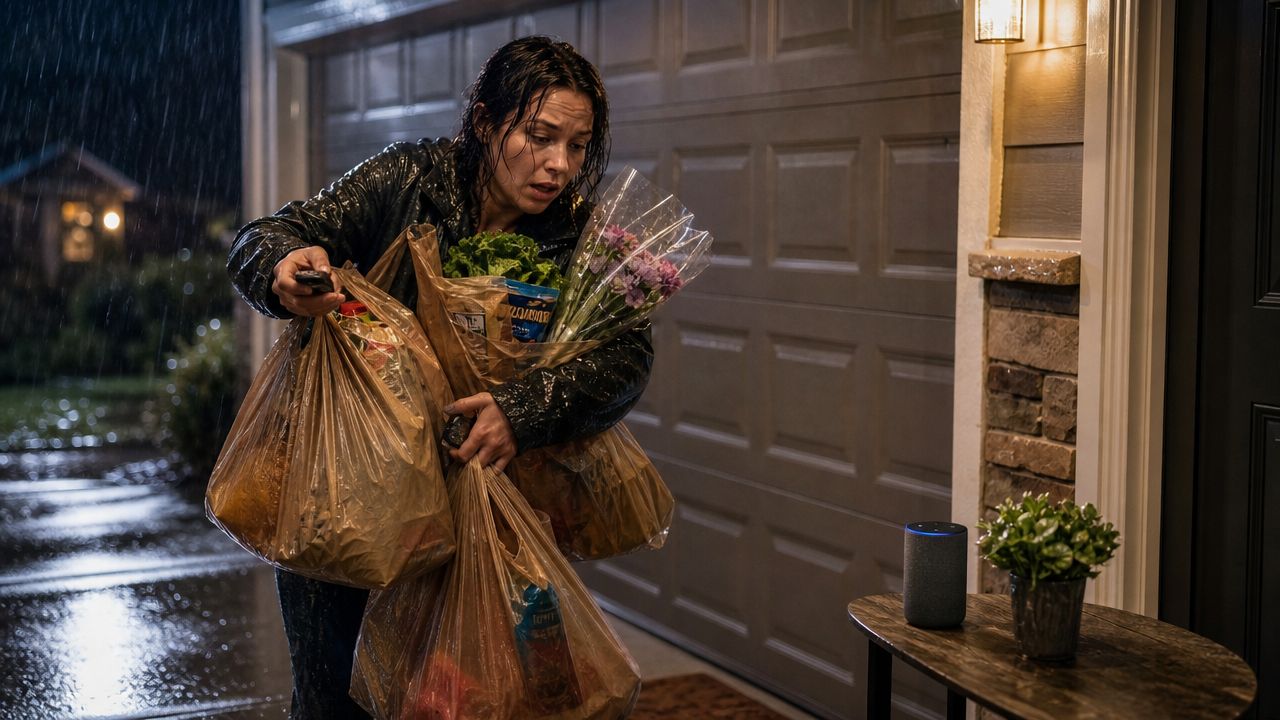 A woman holding groceries outside her home using a smart garage door opener linked to Alexa