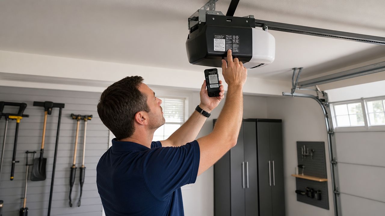 A technician scanning the QR code on a garage door opener motor with a smartphone in a garage.