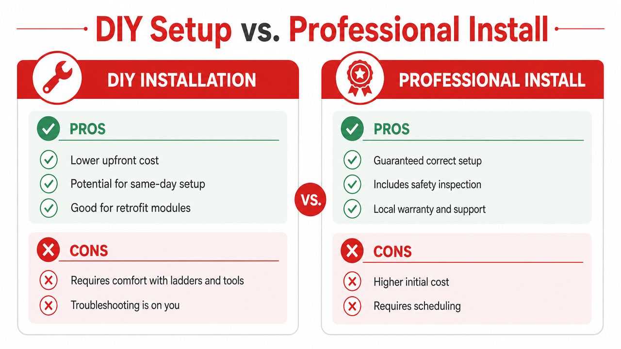 A comparison chart outlining the pros and cons of DIY installation versus professional installation for home systems.