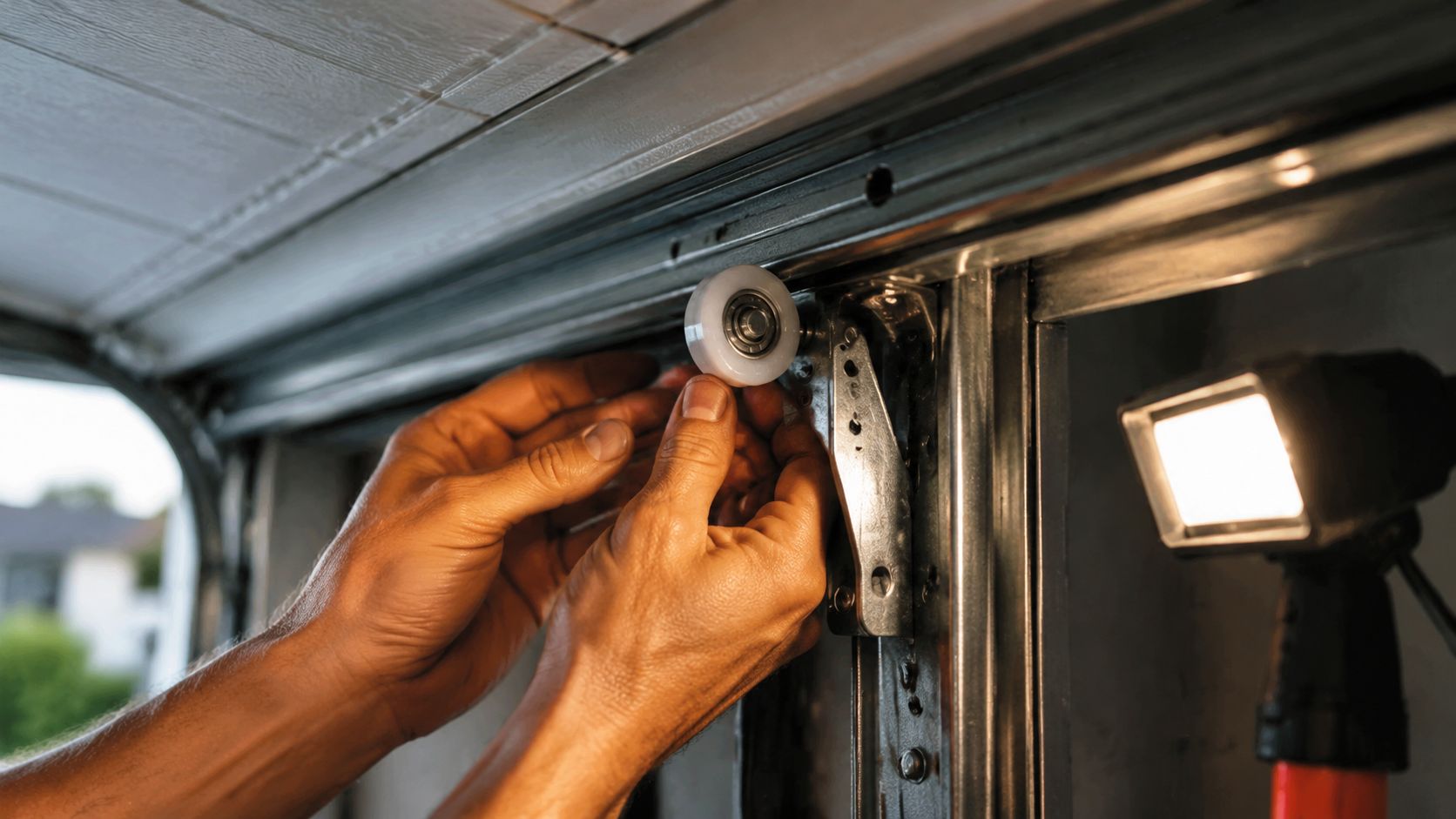 A close-up of a technician's hands repairing a garage door roller on a metal track system.