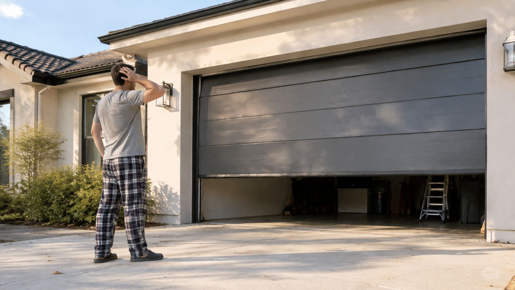 A man in pajamas stands in front of his house looking at a partially opened garage door.