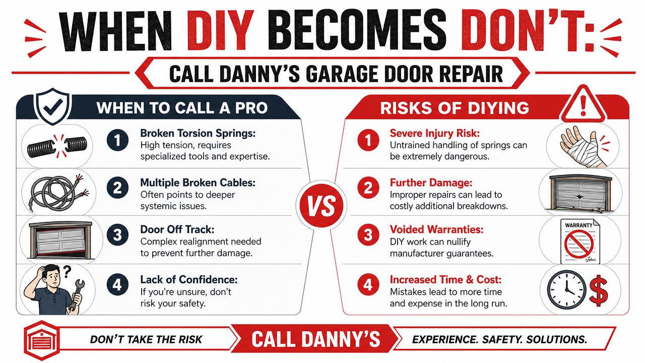 An infographic titled When DIY Becomes Don't explaining the risks of repairing garage doors yourself versus calling a professional.