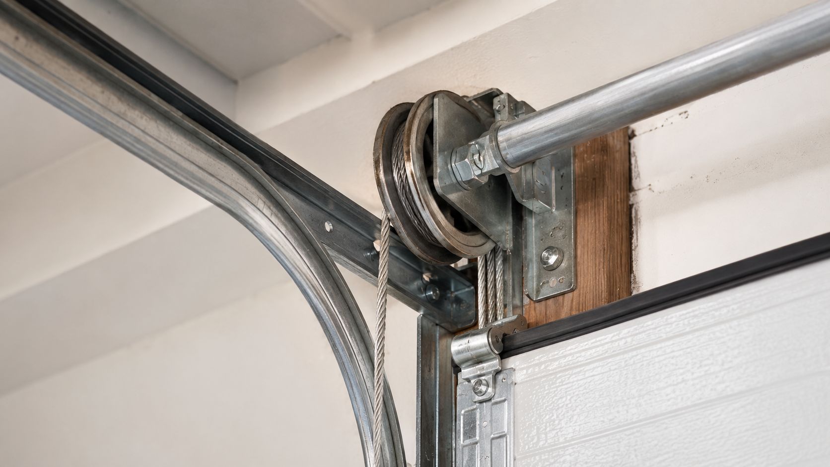 Close-up of a garage door cable pulley and metal bracket mechanism mounted on a wooden beam.