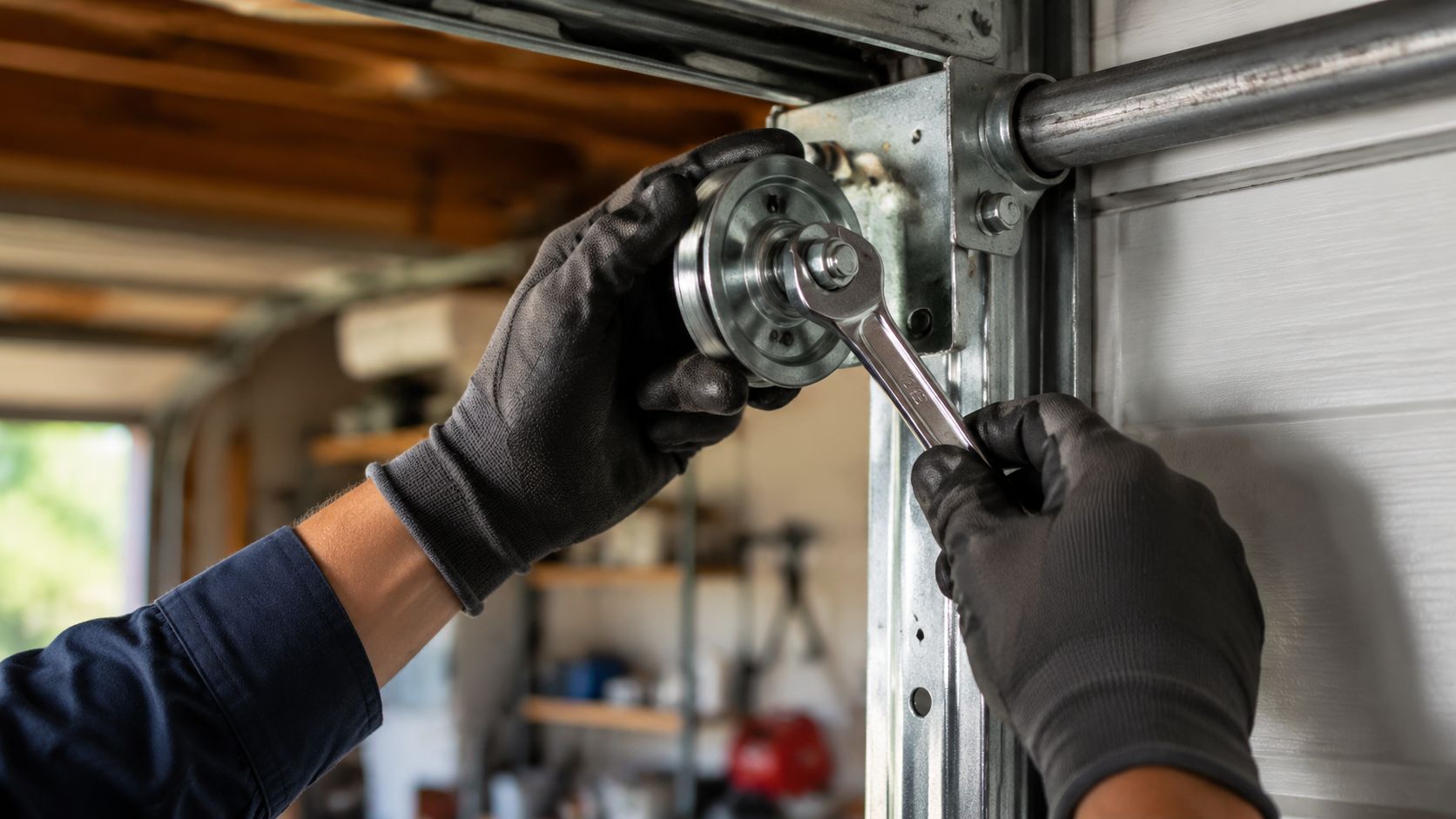 A technician wearing protective gloves using a wrench to repair a garage door pulley system.