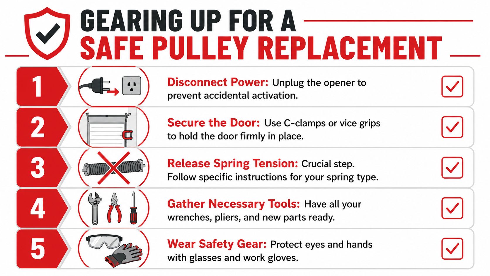 A five-step instructional graphic showing safety precautions for performing a garage door pulley replacement at home.