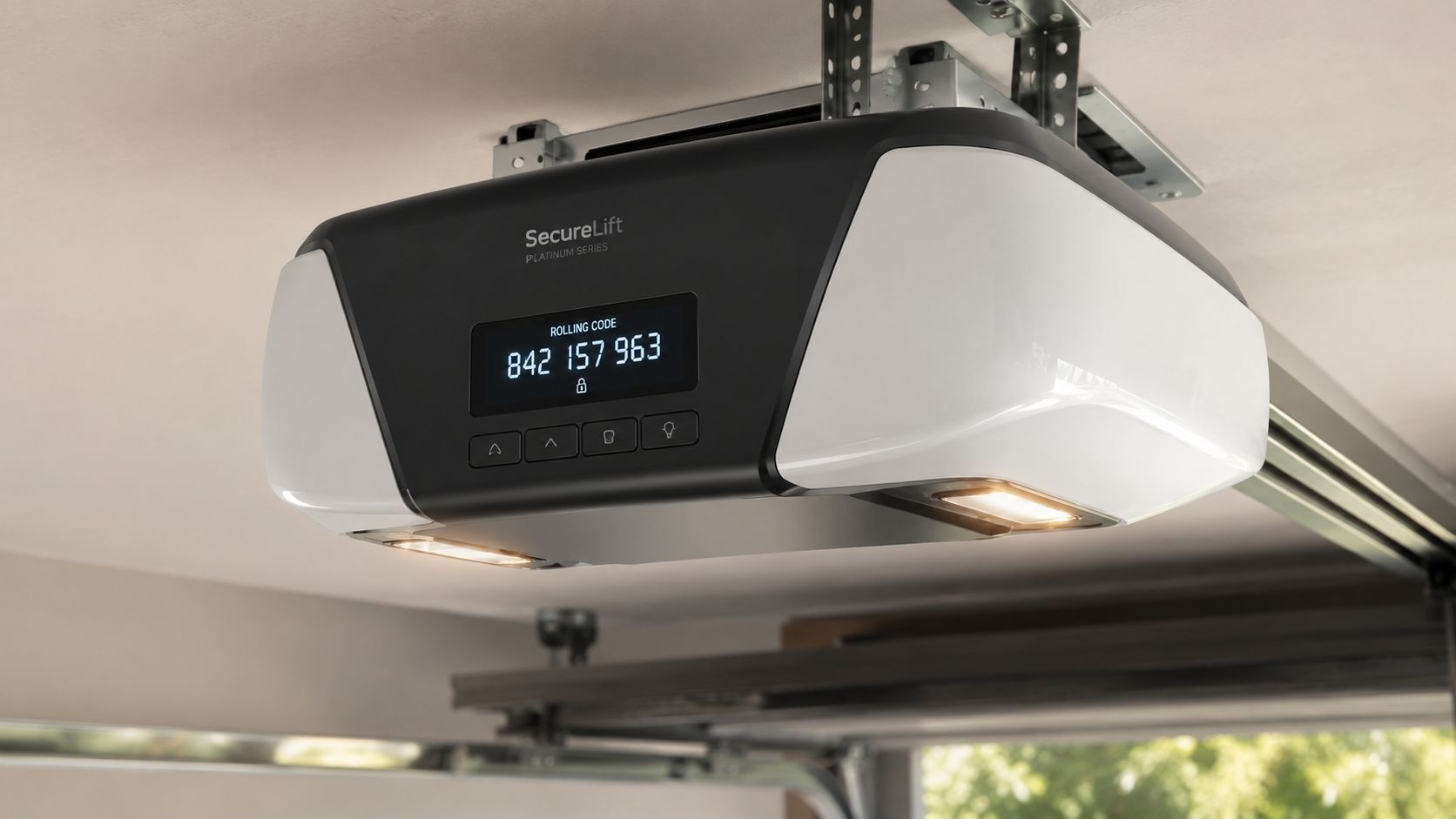 A modern SecureLift Platinum Series garage door opener mounted to a ceiling with a digital display screen.