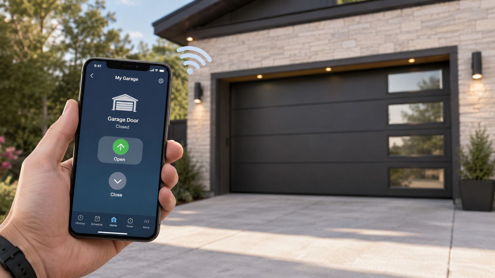 A hand holding a smartphone with a smart home app controlling a closed modern garage door.