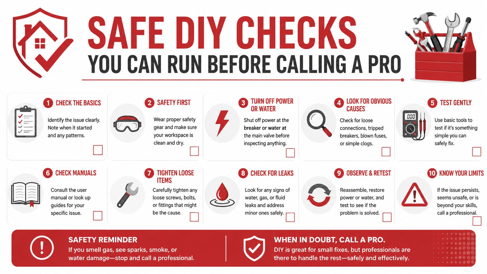 A safety infographic showing ten DIY troubleshooting steps to follow before calling a professional repair service.