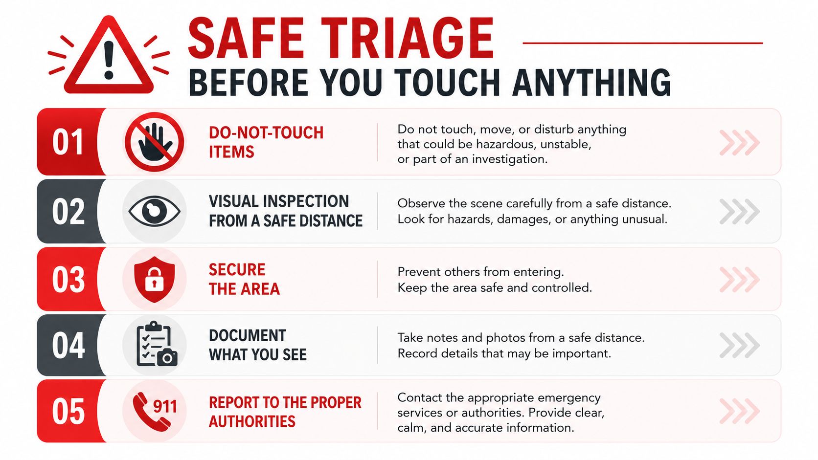 A safety infographic detailing five steps for safe triage including not touching items, visual inspection, and reporting.