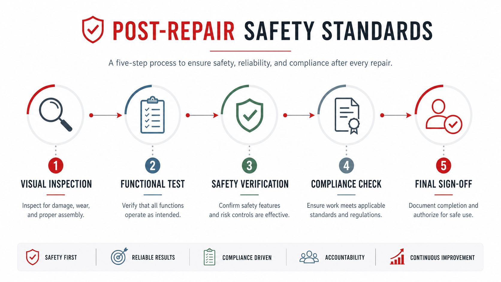 A five-step post-repair safety process infographic detailing steps from visual inspection to final sign-off for equipment.