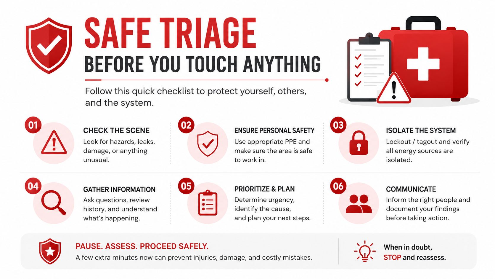 A safety infographic showing a six-step triage checklist for professionals to assess and secure work environments safely.