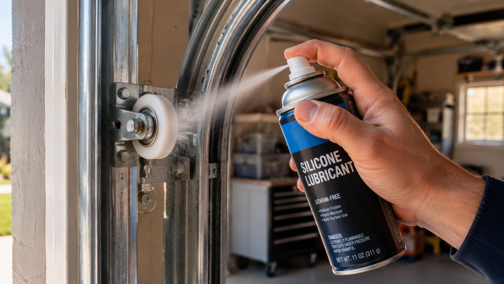 A hand spraying silicone lubricant onto a white nylon garage door roller mechanism to reduce friction and noise.