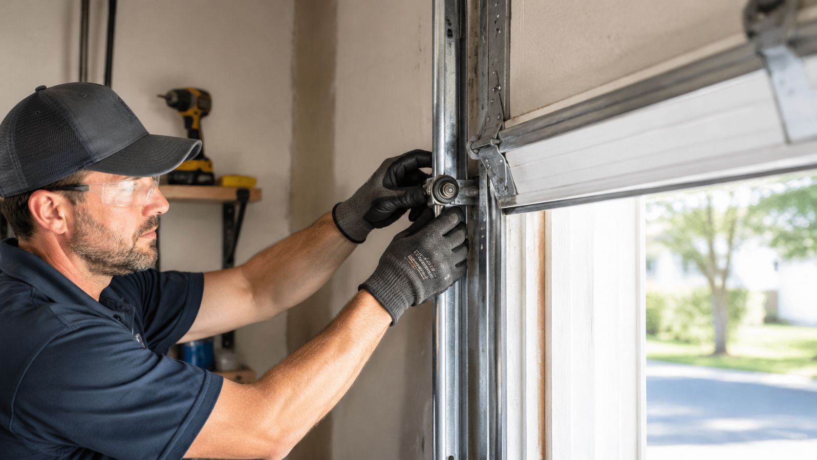 A professional technician wearing safety glasses and work gloves carefully installing a new garage door roller.