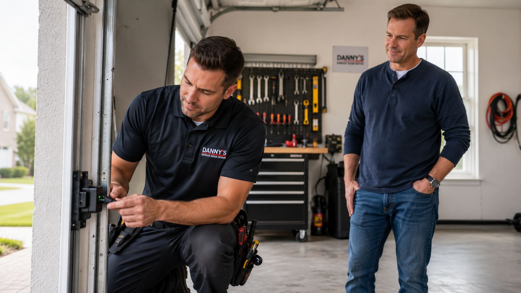 A professional technician repairing a garage door sensor while a homeowner watches in a garage.