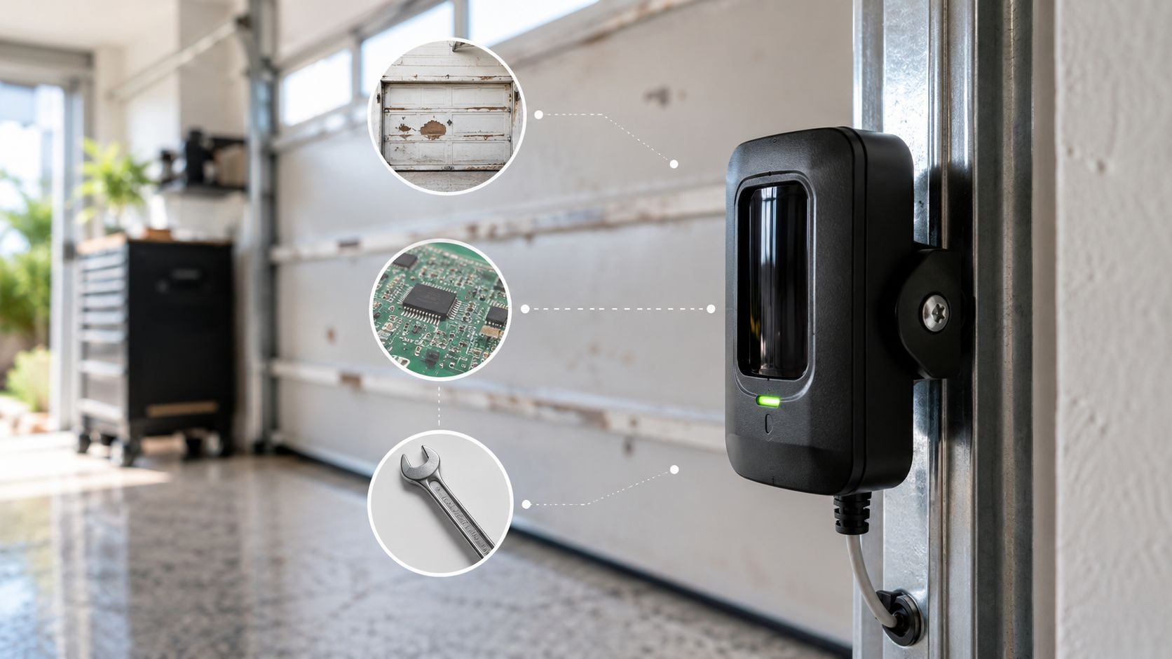 A black garage door safety sensor mounted on a metal track, featuring digital icons for repair concepts.